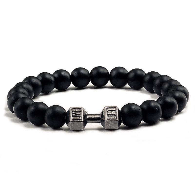 Natural black Volcanic Lava Stone Dumbbell Bracelet black Matte Beads Bracelets Untuk Wanita Pria Fitness Barbel Perhiasan