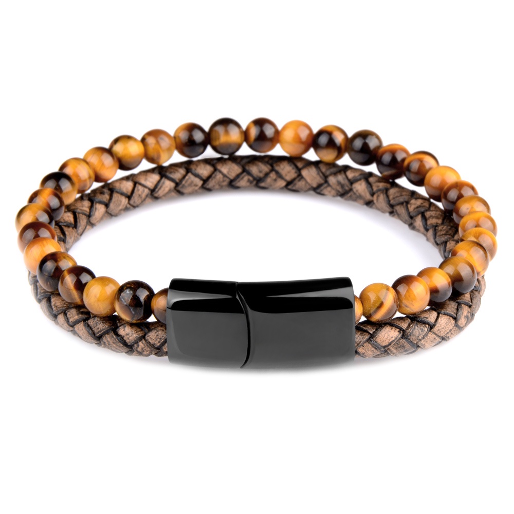 Batu Alam Kulit Dikepang Gelang Hitam Stainless Steel Magnetic Clasp Tiger eye Beads Bangle Pria Perhiasan