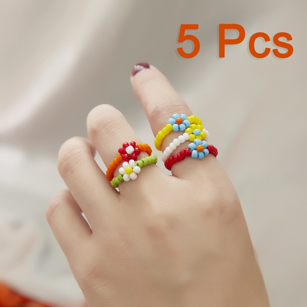 Cincin Merah 7bunga Campur Manik Padi Transparan Bunga Kecil Hadiah Cewek Lucu Cincin Elastis