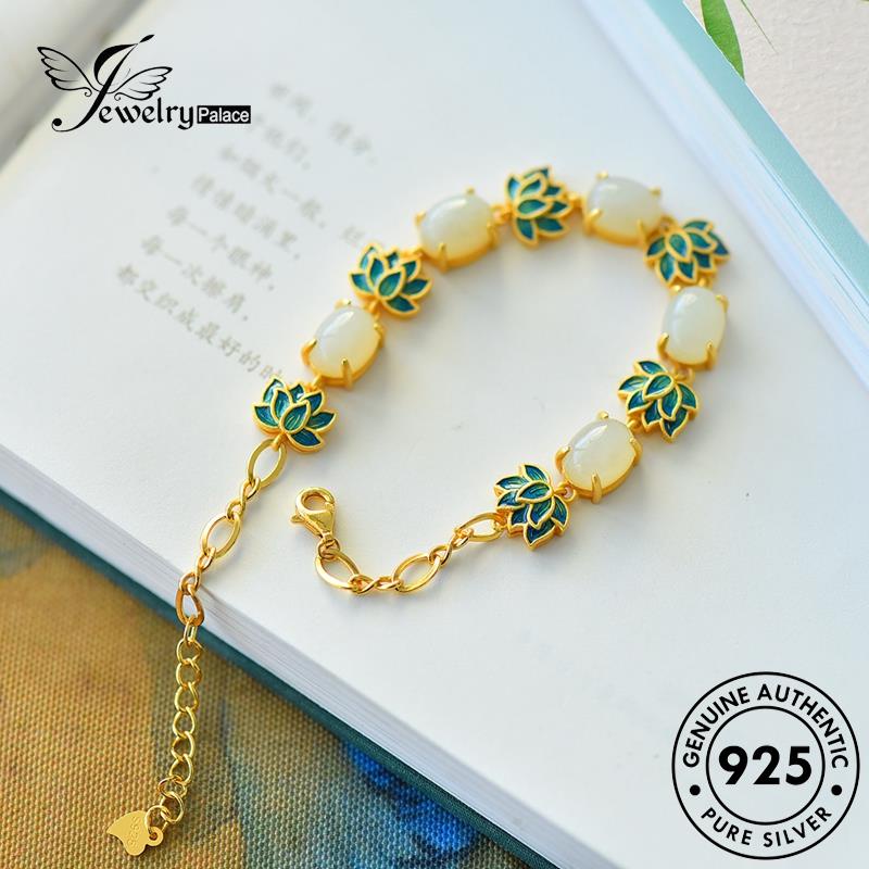 Jewelrypalace Enamel Perak Asli Wanita Lotus Gelang Giok925 B517