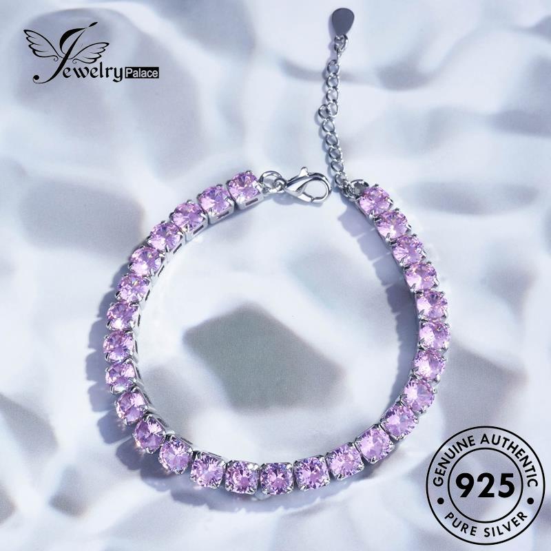 Jewelrypalace Kristal Persegi Silver Pink Wanita Gelang Berlian Asli925 B532