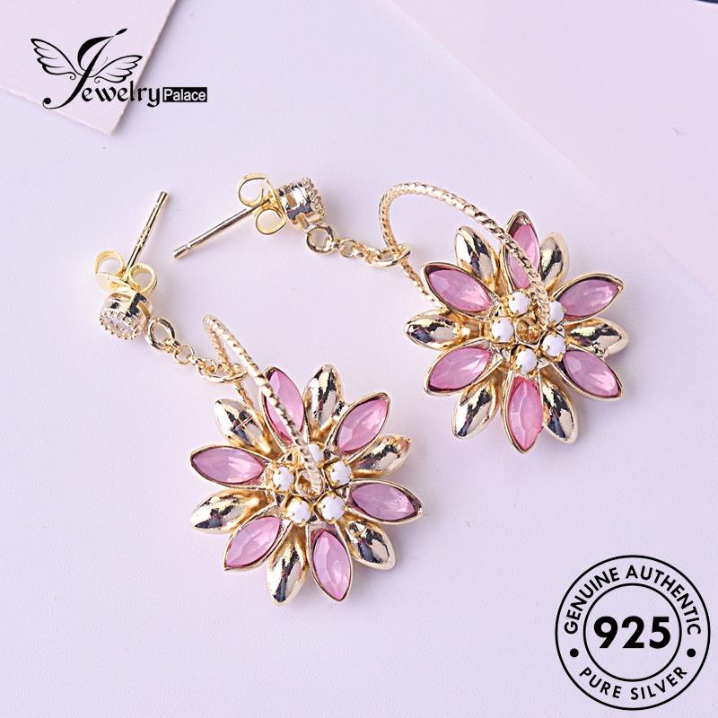 Jewelrypalace Kristal Berlian The Pink Asli Wanita925 Emas Perak Bunga Anting Stud E113