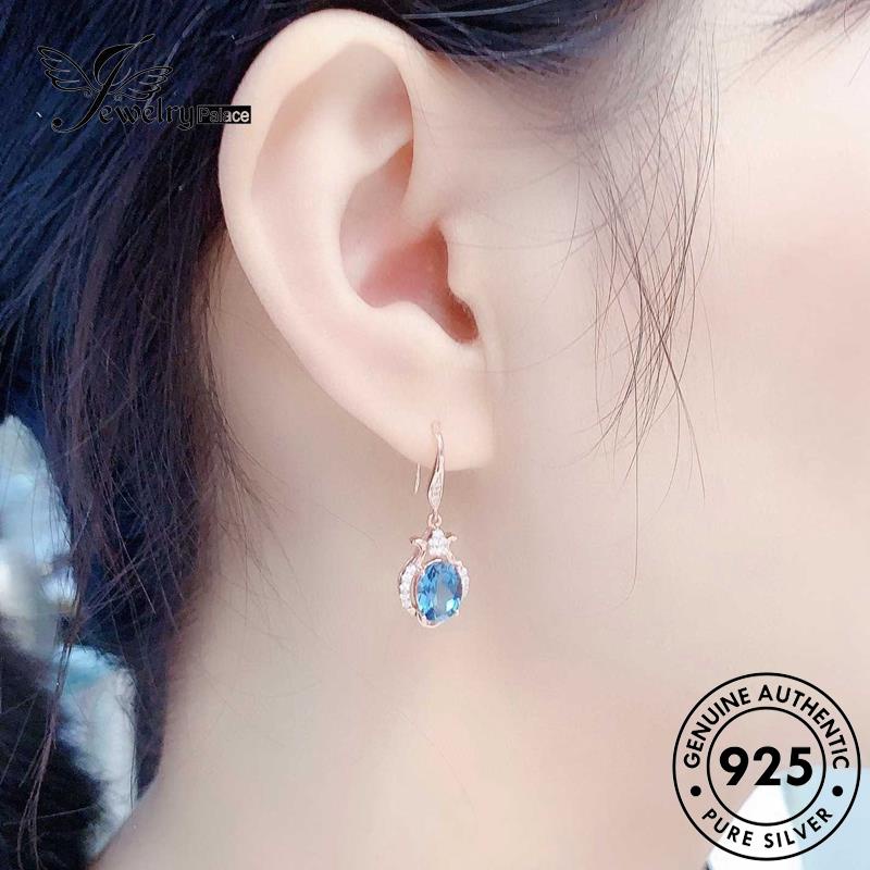 Perhiasanpalace Perak Asli Emas925 Aquamarine Anting Kait Wanita Oval E832