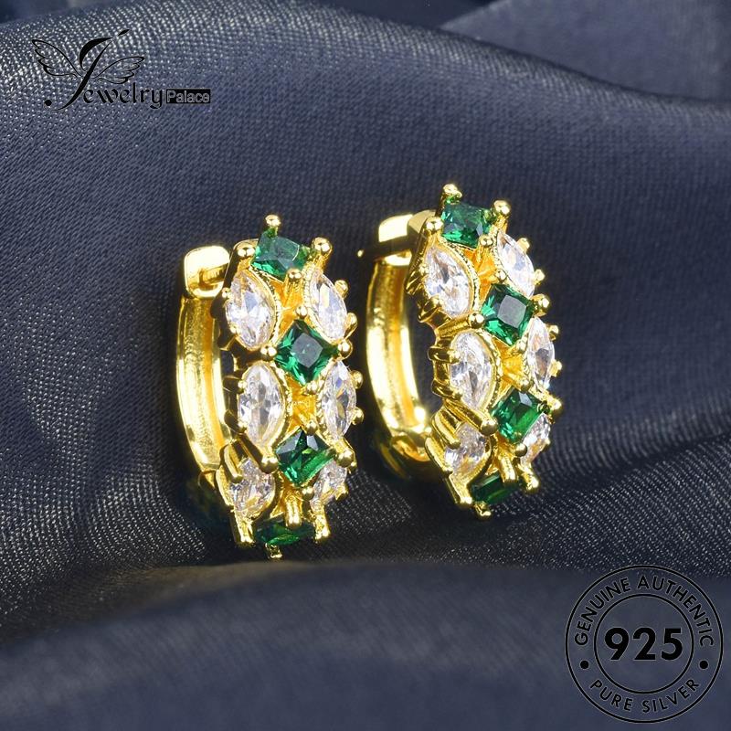 Jewelrypalace Anting Hoop Perak Kuda Wanita925Mata Emas Asli Emerald E1252