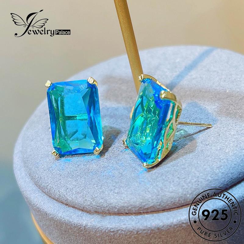 Jewelrypalace Anting Tusuk Perak925 Asli Persegi Wanita Aquamarine E1300