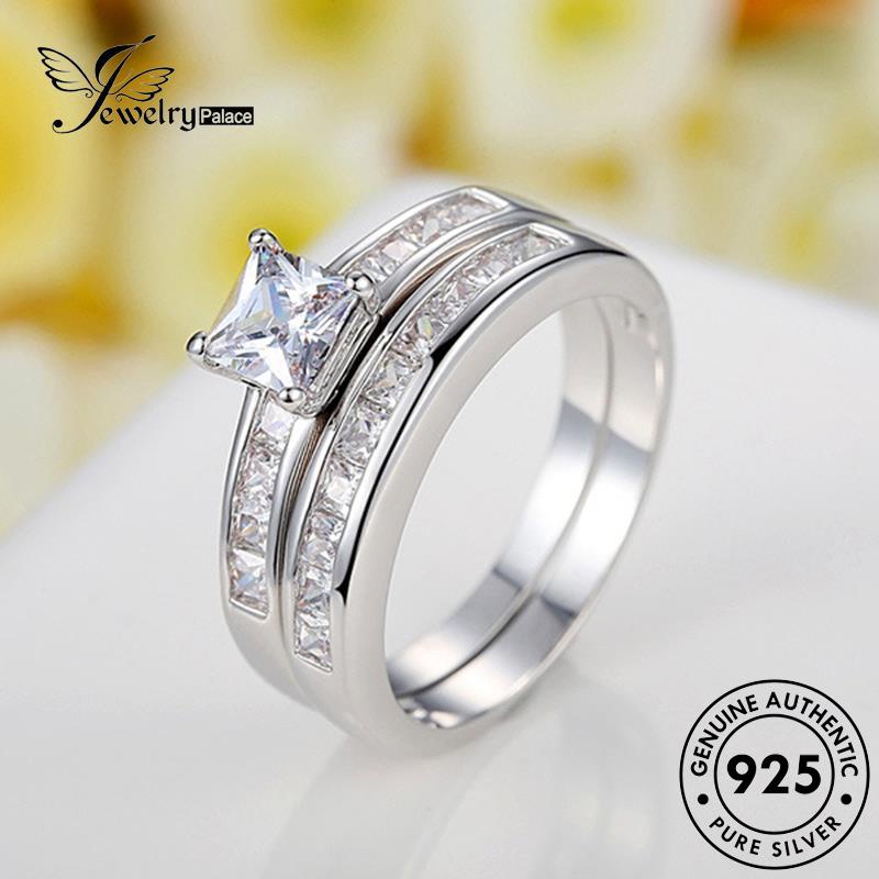 JEWELRYPALACE 925 Silver Double Pink Couple Asli Perak korea Aksesori Diamond Silver Murni Gold Sterling Crystal Pasangan Nikah Kawin Layer Perhiasan Personality Cincin Original R970