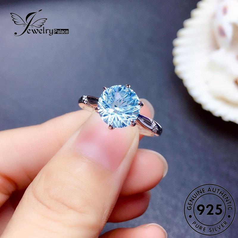 JEWELRYPALACE Asli Sterling Classic Original Aquamarine Aksesori Murni Nikah Round Silver Perhiasan Kawin Cincin Wanita korea Silver 925 Perak R1859