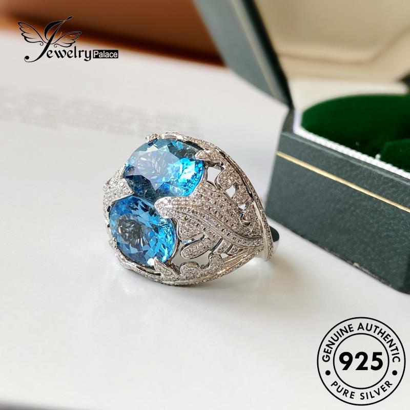 JEWELRYPALACE Domineering Silver Original Aquamarine Kawin Wanita korea Perhiasan 925 Sterling Cincin Asli Round Aksesori Silver Nikah Murni Perak R2387