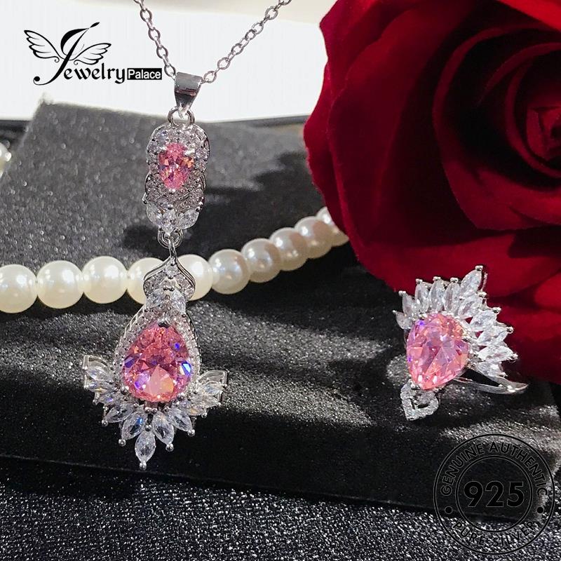 Perhiasantempat Set Wanita925Kalung Mewah Perak Berlian Asli Pink Kristal S314