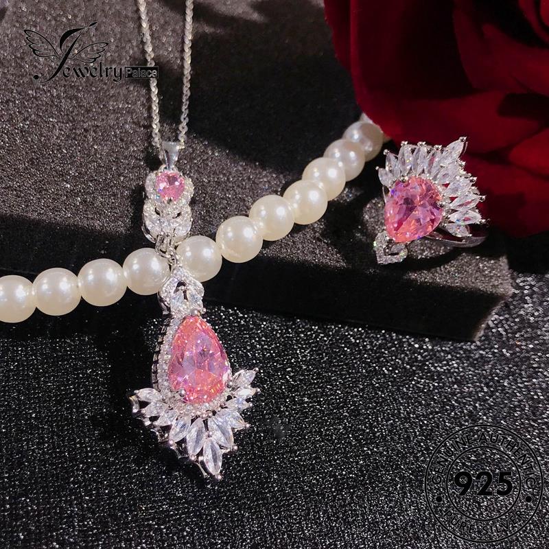 Perhiasantempat Set Wanita925Kalung Mewah Perak Berlian Asli Pink Kristal S314