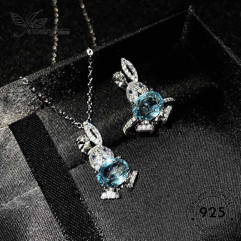 Tempat Perhiasan Wanita Asli Set Kalung Perak925 Aquamarine Bunny Cute S431