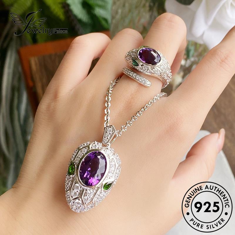 Perhiasanpalace Perak Wanita925 Set Kalung Serpentine Amethyst Asli S599