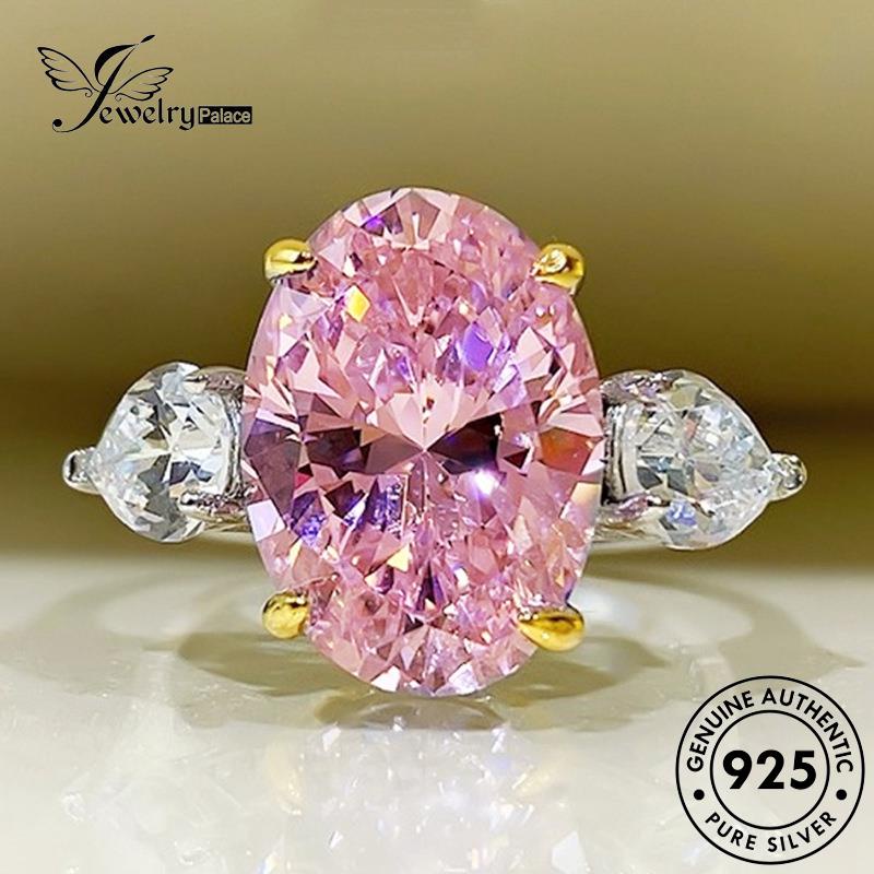 Tempat Perhiasan925 Wanita Asli Halus Cincin Kristal Berlian Pink Oval Perak R242