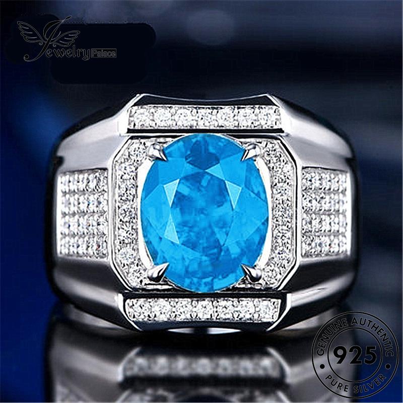 Perhiasantempat Cincin Mendominasi Perak Asli925 Aquamarine Pria Oval R162