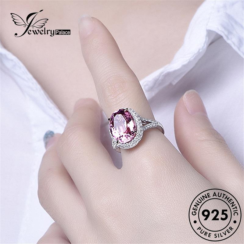 Perhiasantempat925cincin Simple Oval Kristal Asli Wanita Berlian Pink Perak R445