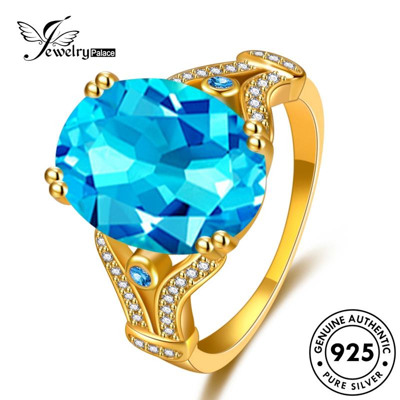 Perhiasantempat Cincin Mewah Perak925 Aquamarine Oval Wanita Emas Asli R650