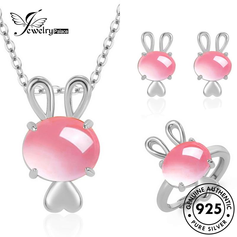 Jewelrypalace Asli925 Set Pink Bunny Emas Berlian Wanita Kristal Kalung Perak Elegan S72