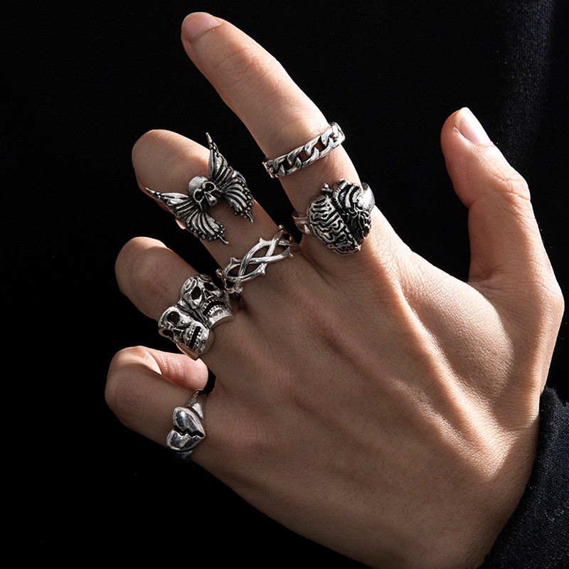 Vintage Berlebihan Butterfly Skeleton Rings Set Untuk Pria Goth Punk Otak Patah Hati Masker Cincin Perhiasan Hadiah Pesta