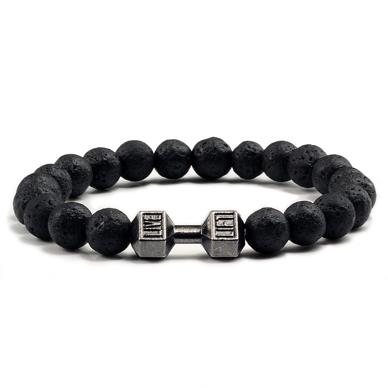 Natural black Volcanic Lava Stone Dumbbell Bracelet black Matte Beads Bracelets Untuk Wanita Pria Fitness Barbel Perhiasan