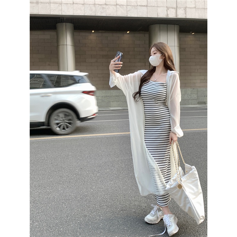 ☄#COD Suhao Keinginan Murni Angin Bergaris Suspender Gaun Wanita Musim Panas 2023 Baru Gadis Seksi Rok A-line Tas Hip Panjang rok