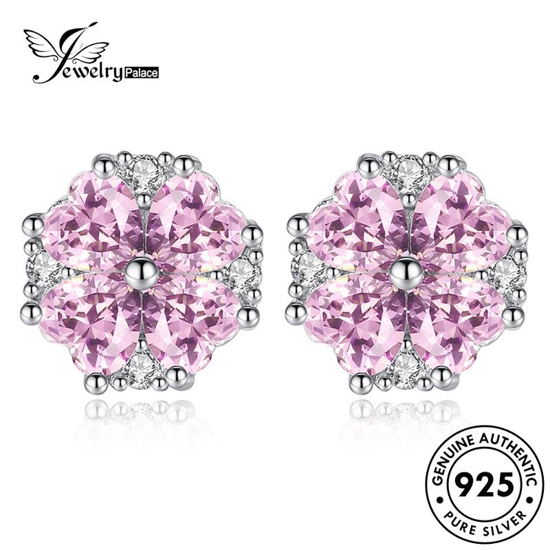 Jewelrypalace Shaped Earrings Berlian925 Wanita Bunga Pink Stud Hati Kristal Perak Asli E213