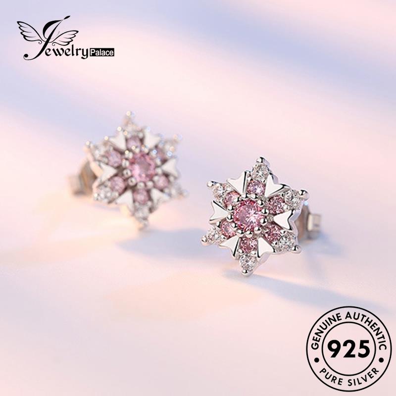 Jewelrypalace Temperamen Stud925Original Snowflake Earrings Perak Berlian Pink Kristal Wanita E228