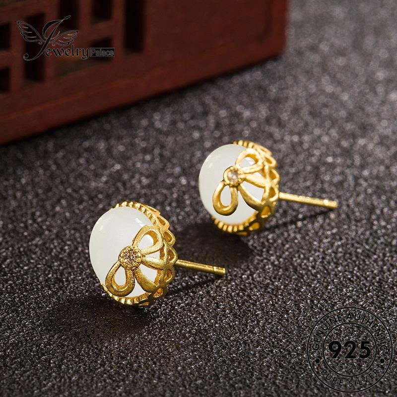 Jewelrypalace Stud Wanita Anting Perak Bow Gold Retro Giok Asli925 E726