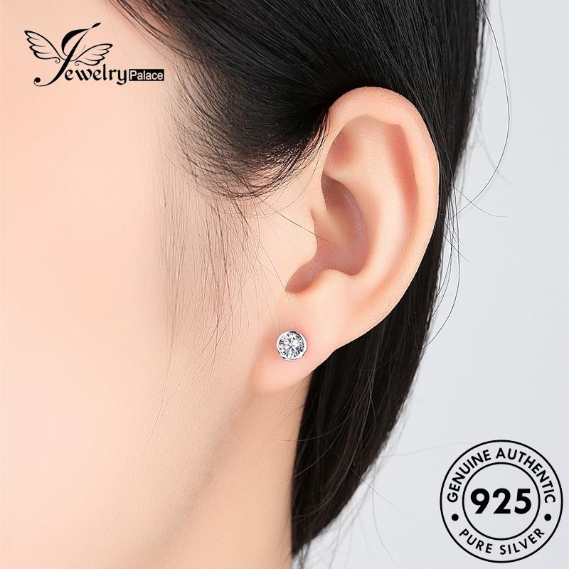 Jewelrypalace Silver Stud Berlian Asli Moissanite Solitaire Wanita925 Setting Anting Bezel E149