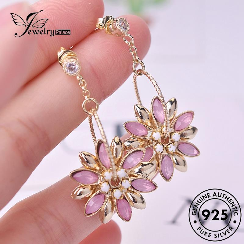 Jewelrypalace Kristal Berlian The Pink Asli Wanita925 Emas Perak Bunga Anting Stud E113