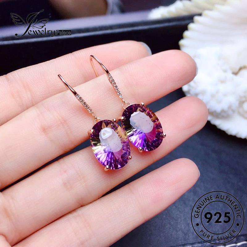 Perhiasanpalace Oval Asli925 Amethyst Wanita Anting Perak Kait Emas E140