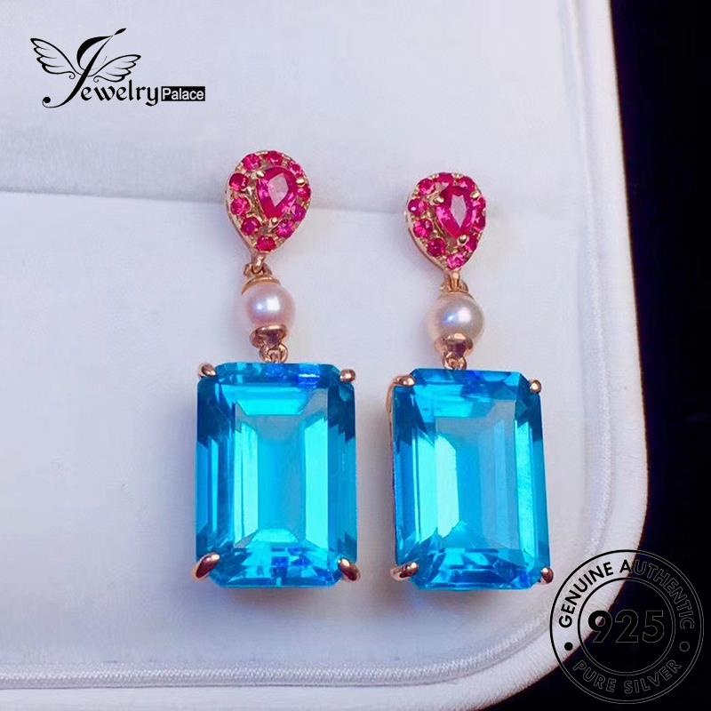 Jewelrypalace Anting Persegi Asli Sapphire Stud Gold Wanita Perak925 E936