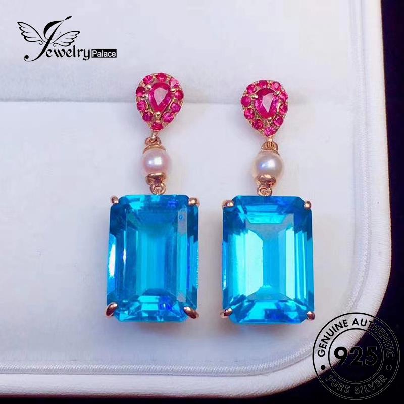 Jewelrypalace Anting Persegi Asli Sapphire Stud Gold Wanita Perak925 E936