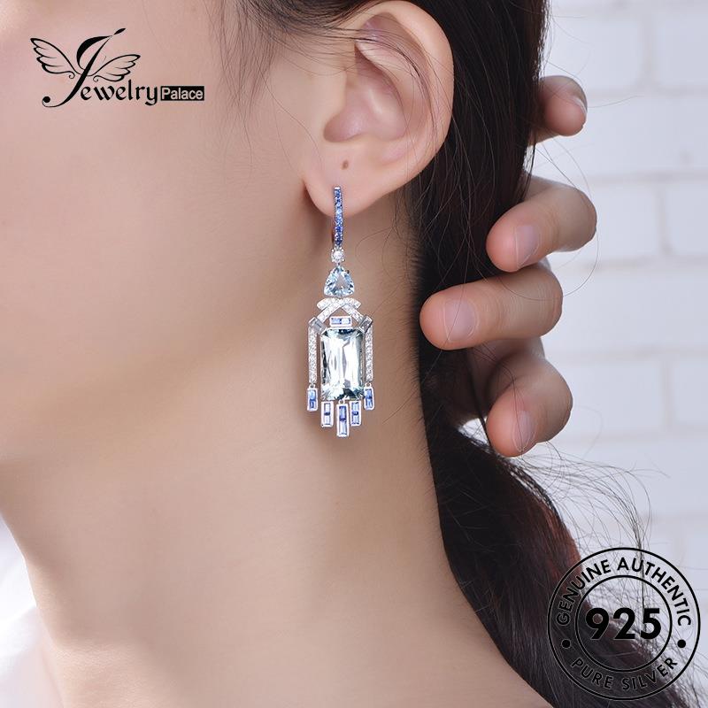 Jewelrypalace Anting Hoop Wanita Asli925Kolom Perak Aquamarine Square E1006