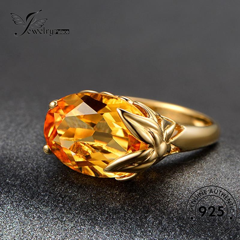 JEWELRYPALACE Aksesori Wanita Cincin Murni Oval Nikah Asli Gold Silver Citrine 925 Silver Original Sterling Kawin Perhiasan Perak korea Personality R201