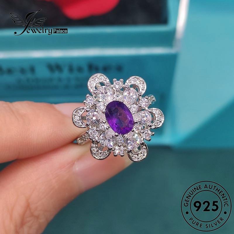 JEWELRYPALACE Flowers Amethyst 925 Murni Temperament Silver Kawin Wanita Nikah Sterling Perak Cincin Perhiasan Original Asli Aksesori korea Silver R2234