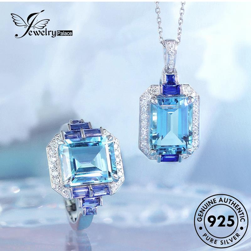 Jewelrypalace Berlian Set Kotak Mewah Asli925 Perak Aquamarine Wanita Kalung S245