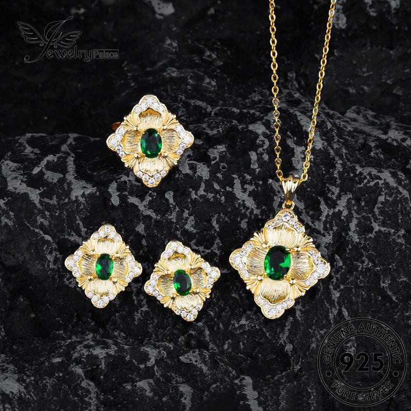 Set Perhiasanpalace Kalung Perak Kotak Retro925 Wanita Asli Emerald S214