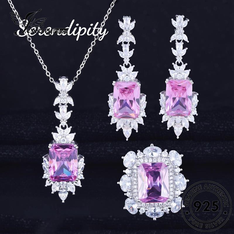 Jewelrypalace Kalung Mewah Asli Berlian Kristal Set Berlian Kotak Pink925 Wanita Perak S286