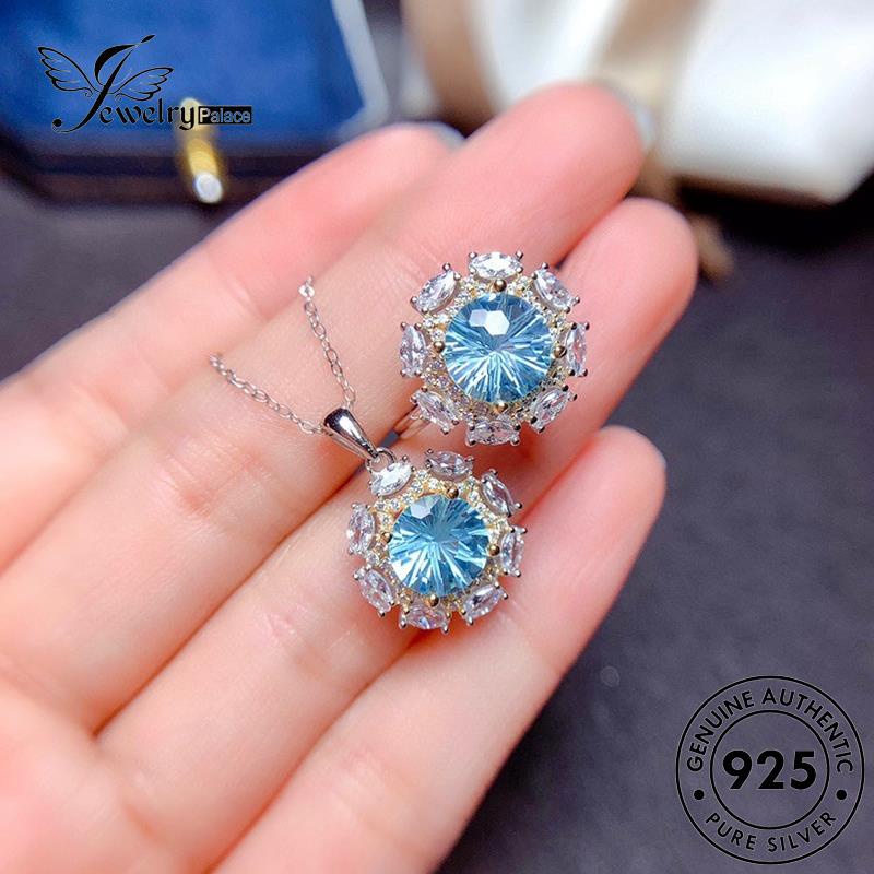 Jewelrypalace 925set Perak Asli Fashion Aquamarine Wanita Kalung Bulat S420