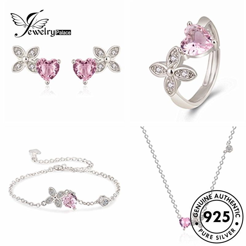 Perhiasantempat Daun Kristal Clover Simple925 Pink Perak Empat Asli Wanita Set Kalung Berlian S3