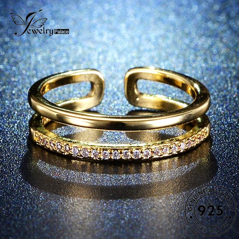 Jewelrypalace Asli925 Wanita Emas Simple Double Cincin Perak Moissanite Lapis Berlian R79