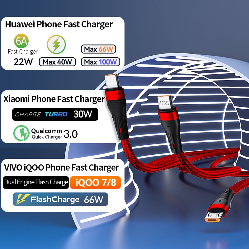 Kabel Charger 100W Super Cepat 6A Kabel Charger 3in1 Micro Usb/Type-C/Untuk Kabel IP