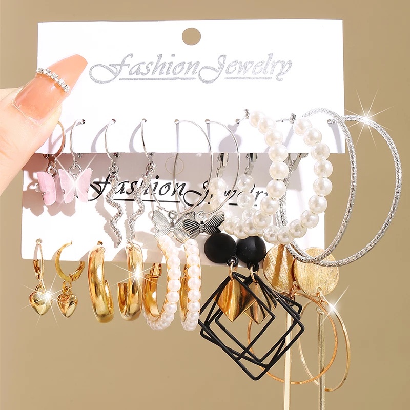 Korea Fashion Drop Oil Resin Hoop Earrings Untuk Wanita Mutiara Hati Kupu-Kupu Ular Drop Earring Set Tai Chi Kristal Bulan Stud Earing Perhiasan Aksesoris