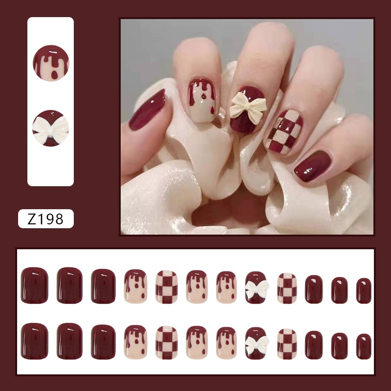 24pcs Kuku Palsu Set Dengan Stiker Papan Catur Pendek Grid Nail Care Nail