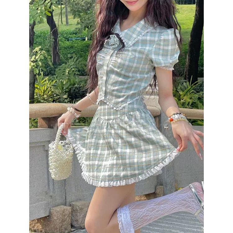 Red Qilixiang Mori Manis Plaid College Wind Puff Lengan Baju Pendek + Set Rok Musim Panas Baru Wanita