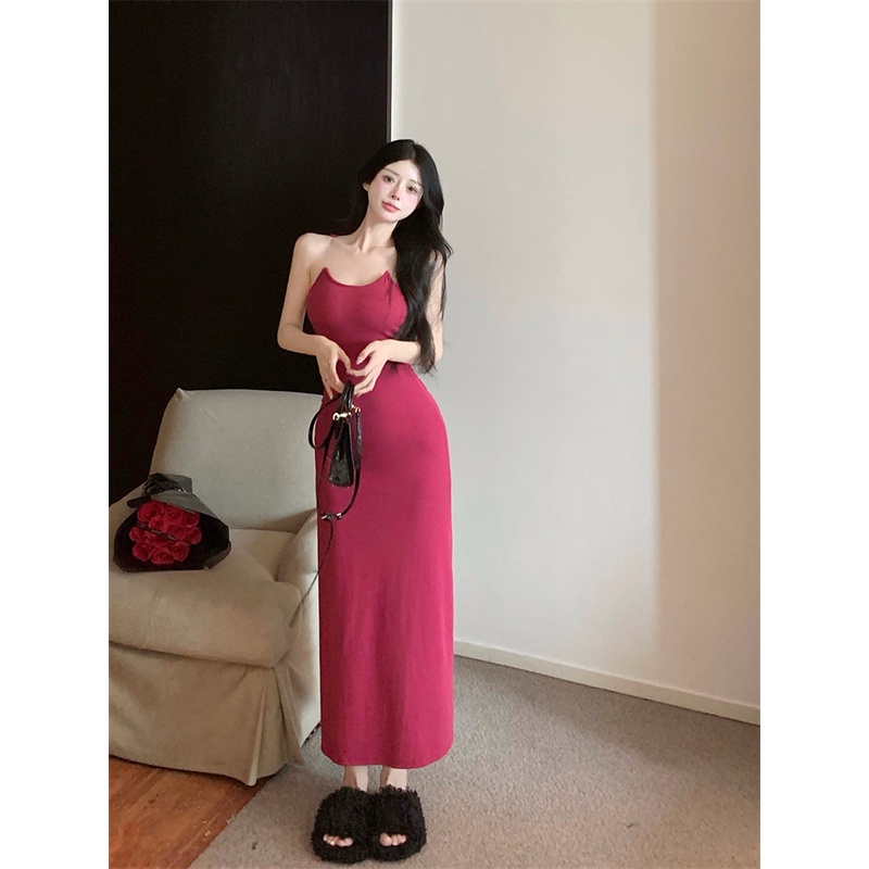 ۩High-end tak terlihat strap bahu suspender dress wanita musim panas mawar merah panas gadis rok temperamen tas pinggul rok rok panjang