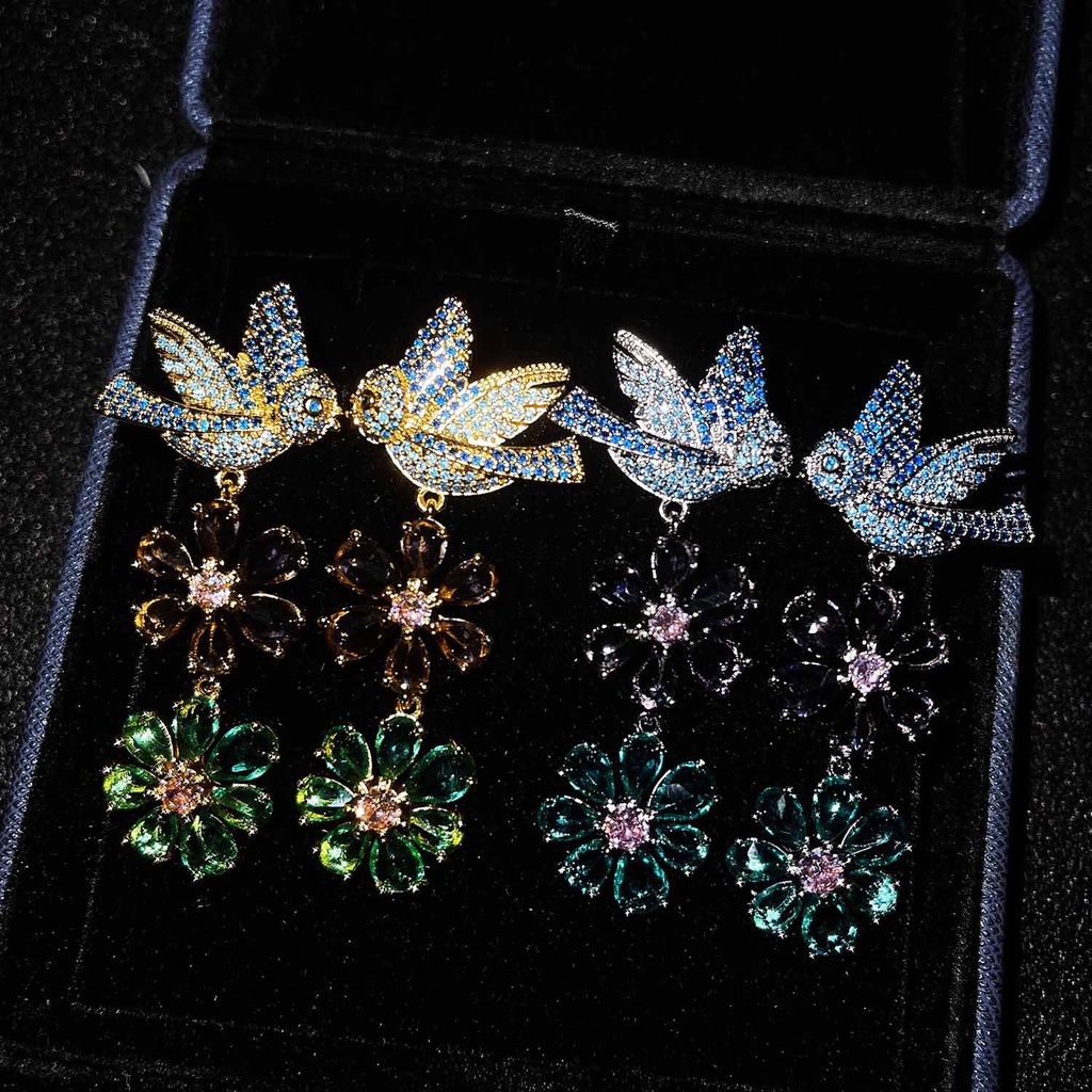 Goldkingdom Aksesoris Perhiasan Fashion Ready Stock Anting Bunga Vintage Kelopak Berlian Heavy Duty Dengan Micro Full Diamond Bird Earrings