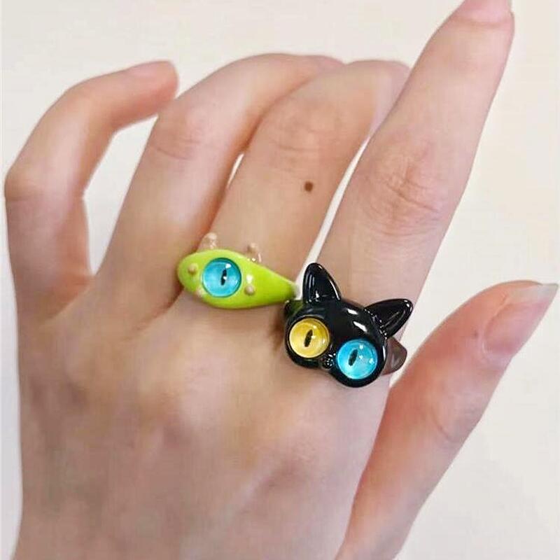 Kartun Hijau Monster Cincin Fashion Manis Dua Warna Mata Kucing Pembukaan Cincin Kekasih Pasangan Cincin Gadis Aksesoris Fashion