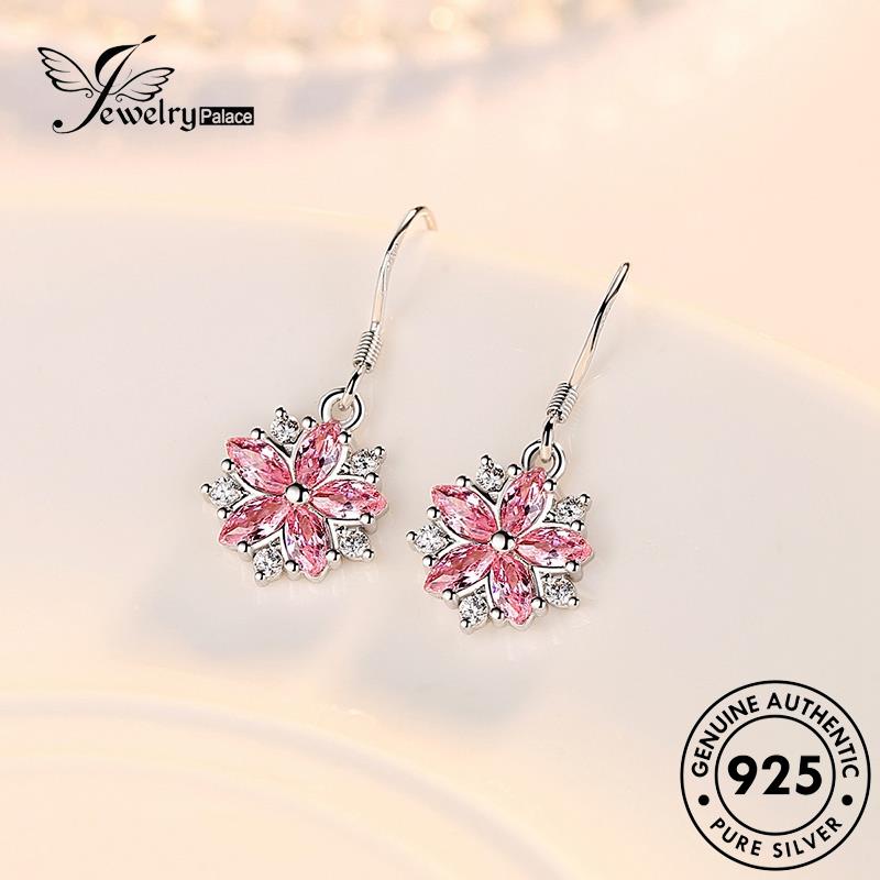 Jewelrypalace Kecil Perak Berlian Bunga Segar Asli Anting925 Kristal Wanita Hook Pink E546