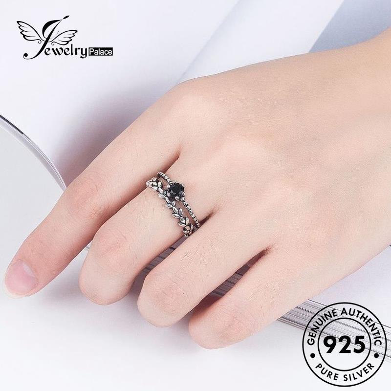 Jewelrypalace Cincin Hitam925 Obsidian Retro Berlian Bukaan Perak Asli Wanita R155